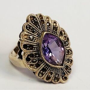 Vintage Large Sterling Silver Marcasite Amethyst Ring - Size 8